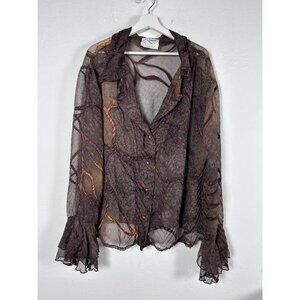 Augustina Wearable Art Womens Sheer Brown Abstract Ruffle Sleeve Blouse Large